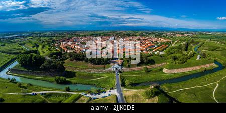 Bird's-eye view of the ancient star-shaped fortified city of Palmanova. Stock Photo
