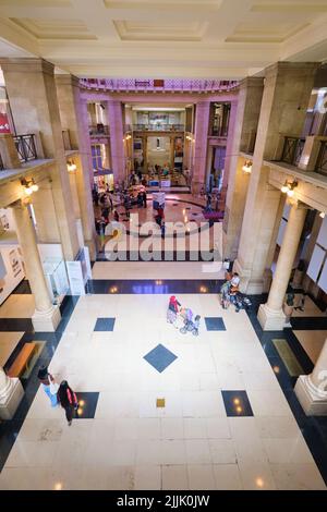 A view of the grand entrance hall at the National Museum. In Cardiff, Wales, United Kingdom. Stock Photo