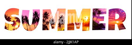 Word Summer made of letters with tropical sunset beaches and palm trees isolated on white background Stock Photo