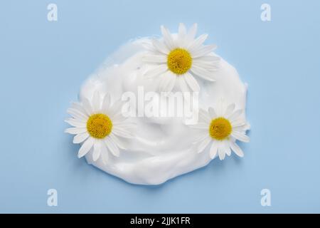 White cosmetic cream with chamomile flowers on blue background top view Stock Photo