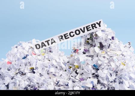 Words Data recovery on top of heap of cross shredded paper concept Stock Photo