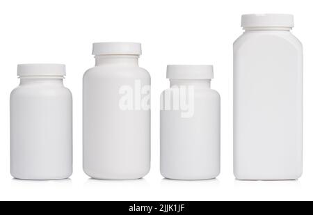 Blank plastic bottles with supplements or medication isolated on white background Stock Photo