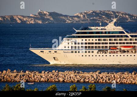 Marseille, France. 26th July, 2022. The liner Nautica cruise ship arrives at the French Mediterranean port of Marseille. Credit: SOPA Images Limited/Alamy Live News Stock Photo