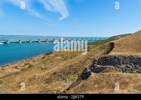 The Kerch Strait Bridge construction .Crimean Bridge, also called Kerch Strait Bridge or Kerch Bridge. Crimean bridge across the Kerch Strait Stock Photo