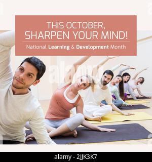 Image of this octobe sharpen your mind over diverse people practicing yoga Stock Photo