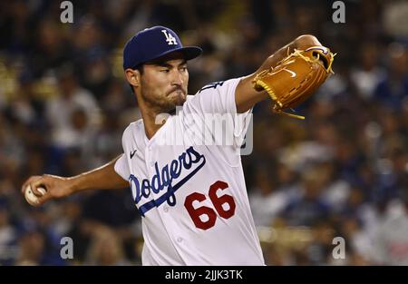 Los Angeles, United States. 27th July, 2022. Los Angeles Dodgers starting pitcher Mitch White winds up to deliver against the Washington Nationals at Dodger Stadium in Los Angeles on Tuesday, July 26, 2022. Photo by Jim Ruymen/UPI Credit: UPI/Alamy Live News Stock Photo