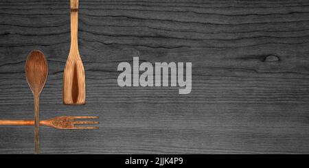 Topview of Set Cooking Wooden Utensils on Table Background Stock Photo