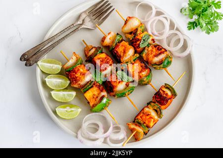 Indian Grilled Cottage Cheese with Green Chutney Directly Above Photo Stock Photo