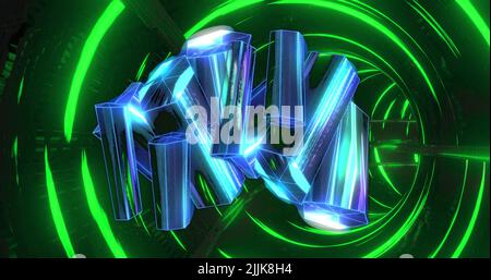 Image of blue diamonds in black space and tunnel made of circles Stock Photo