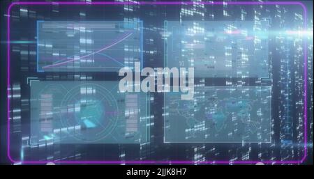 Image of data processing and moving columns over fireworks Stock Photo