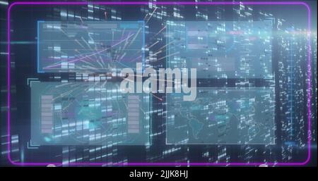 Image of data processing and moving columns over fireworks Stock Photo