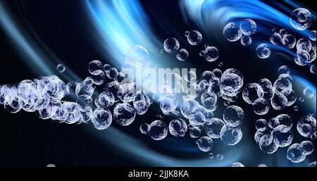 Image of transparent bubbles over blue light moving on black background Stock Photo