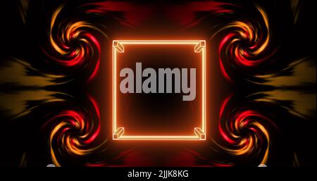 Image of glowing orange square frame and four rotating spirals on black background Stock Photo