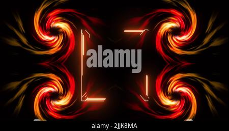 Image of glowing orange square frame and four rotating spirals on black background Stock Photo