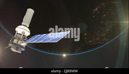 Image of satellite over globe spinning on black background Stock Photo