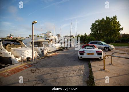 A beautiful shot of a harbour full of yachts in Hydra island, Athness, Greece Stock Photo