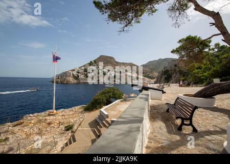 A natural view of yatch and boats on the coast of Hydra island in Athens, Greece Stock Photo
