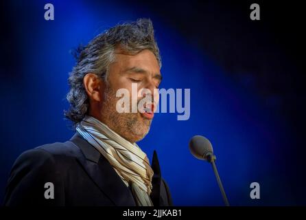 Andrea Bocelli singing live in concert Stock Photo