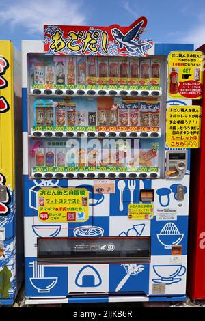 Natori City, Miyagi Prefecture Japan, July 2022.Rare Ago soup stock (translation:Ago-fish Broth) vending machine. Stock Photo