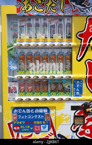 Natori City, Miyagi Prefecture Japan, July 2022.Rare Ago soup stock (translation:Ago-fish Broth) vending machine. Stock Photo