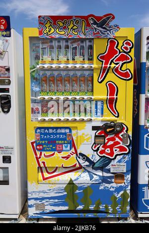 Natori City, Miyagi Prefecture Japan, July 2022.Rare Ago soup stock (translation:Ago-fish Broth) vending machine. Stock Photo
