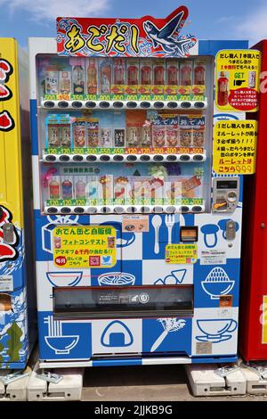Natori City, Miyagi Prefecture Japan, July 2022.Rare Ago soup stock (translation:Ago-fish Broth) vending machine. Stock Photo
