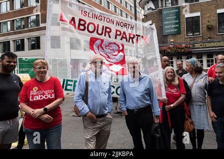 London, UK. 27th July, 2022. Jeremy Corbyn MP (3L) and John McDonnell MP (2R), together with RMT union members join the picket line outside Euston Station as railway workers stage a 24-hour walk-out. More than 40,000 workers from 14 train operating companies and Network Rail are taking part in the industrial action, called by the RMT (The National Union of Rail, Maritime and Transport Workers), as part of an ongoing dispute over pay, jobs and conditions following three days of strikes in June. Credit: Wiktor Szymanowicz/Alamy Live News Stock Photo