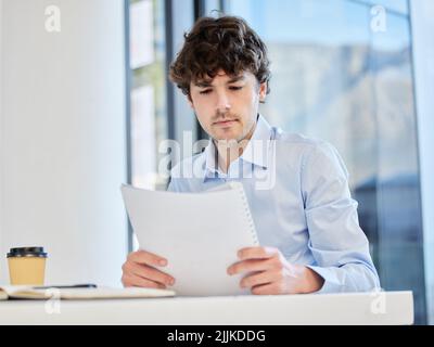 Perfection must be attained. a businessman reading through documents in his office. Stock Photo