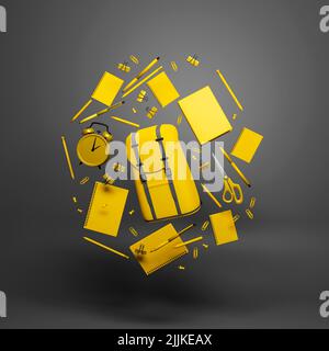 Yellow school supplies with backpack flying in circle on gray background. Pens, pencils, notebooks and an alarm clock. Back to school concept. Stock Photo