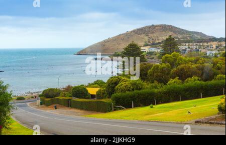 The seaside town of Victor Harbor on Encounter Bay in South Australia. Pictured: Victor Harbor looking towards the Bluff at Rosetta Head. Stock Photo