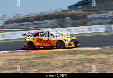 Racing Audi TCR car action on racetrack, blurred motion background. Vallelunga, Italy, july 24 2022, Race of Italy Stock Photo