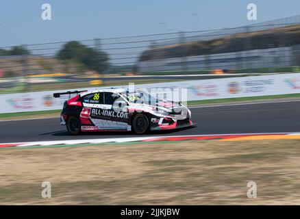 Racing Honda TCR car action on racetrack, blurred motion background. Vallelunga, Italy, july 24 2022, Race of Italy Stock Photo
