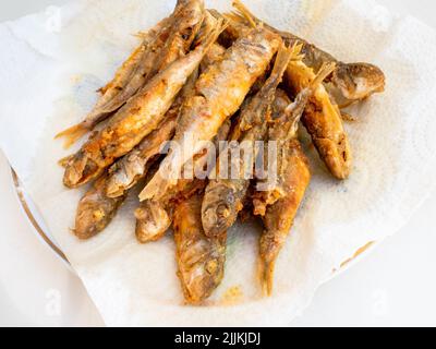 portion of fried small Black Sea red mullet fishes close up on white paper napkin in plate on white table Stock Photo