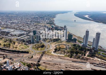 General aerial shot made with drone, of the city of Rosario, in the coastal area next to the Parana River Stock Photo