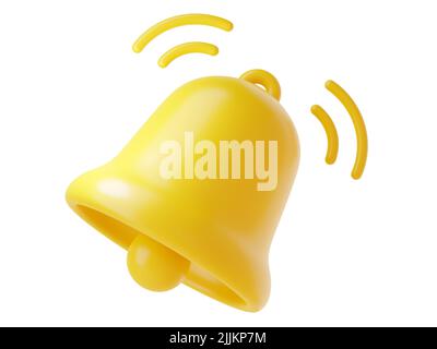 Notification bell icon 3d render - cute cartoon illustration of simple yellow bell for reminder or notice concept. Stock Photo