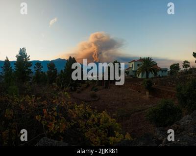 Photography of smoke volcano eruption in Cumbre Vieja. Stock Photo