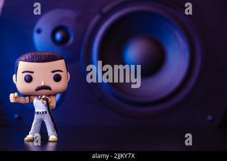 London, UK: Funko POPO vinyl figure of Freddie Mercury (Queen) on speakers  background Stock Photo - Alamy