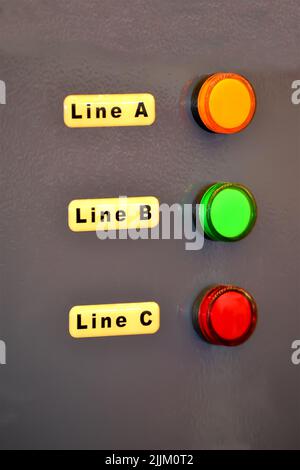 control panel with red, green, yellow led lamp indicator closeup, modern industry diversity Stock Photo