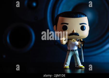 London, UK: Funko POPO vinyl figure of Freddie Mercury (Queen) on speakers  background Stock Photo - Alamy