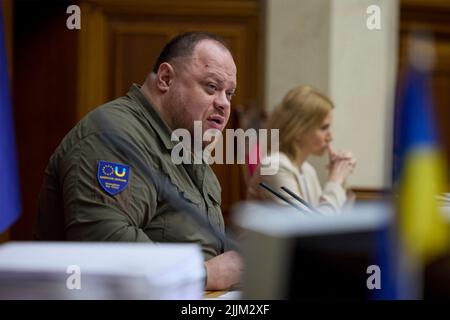 Kyiv, Ukraine. 27th July, 2022. Ukrainian Parliamentary leader Ruslan Stefanchuk during the plenary session of the Verkhovna Rada, where the nomination of Andriy Kostin as Prosecutor General was approved, July 27, 2022 in Kyiv, Ukraine. Credit: Ukrainian Presidential Press Office/Ukraine Presidency/Alamy Live News Stock Photo