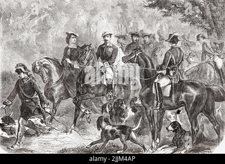 Napoleon III and his wife, members of a hunting party in the Forest of Compiègne, France, 1859.  Napoleon III, 1808 – 1873.  First President of France, as Louis-Napoléon Bonaparte, 1848 - 1852 and Emperor of the French, 1852 - 1870. Doña María Eugenia Ignacia Agustina de Palafox y Kirkpatrick, 19th Countess of Teba, 16th Marchioness of Ardales, 1826 –1920, aka Eugénie de Montijo. Empress of the French from her marriage to Emperor Napoleon III.  From L'Univers Illustre, published Paris, 1859 Stock Photo