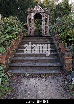 A closeup of an old pavilion with a staircase in the front Stock Photo