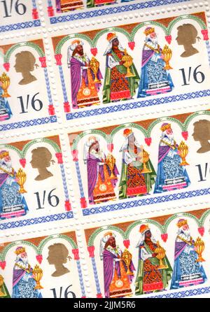 Detail from a sheet of vintage GB stamps featuring Christmas. Stock Photo