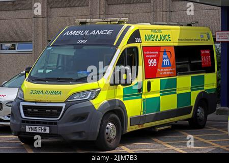 Primecare Ambulance, working with NHS, at Warrington hospital, Lovely Lane, Warrington, Cheshire, England, UK, WA5 1QG Stock Photo
