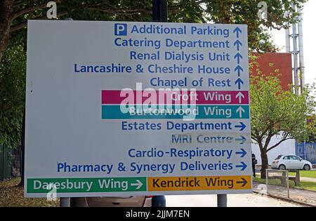 Ward and department medical signs at Warrington NHS Hospital, Lovely Lane, Warrington, Cheshire, England, UK, WA5 1QG Stock Photo