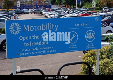 British Motability Scheme blue sign, in Warrington town centre, Cheshire, England, UK, WA1 Stock Photo