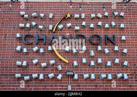 The Downtown Montreal's restaurant Chandon logo on a brick  wall outdoors in terrace Stock Photo