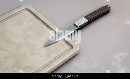 A 3d rendering knife and a cutting board on the table. Stock Photo