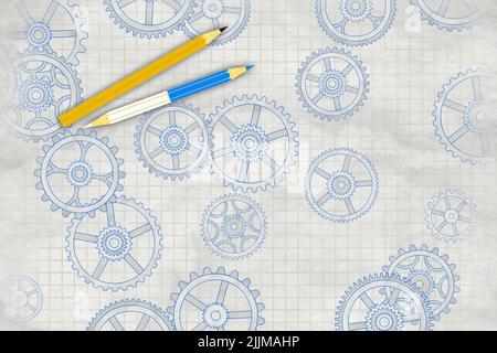 An illustration of a gears sketch with pencils Stock Photo