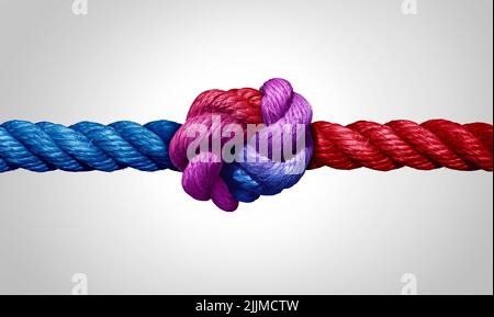 Agreement and cooperation as a bipartisan or bipartisanship trust concept and connected symbol as two different ropes combining and tied together. Stock Photo